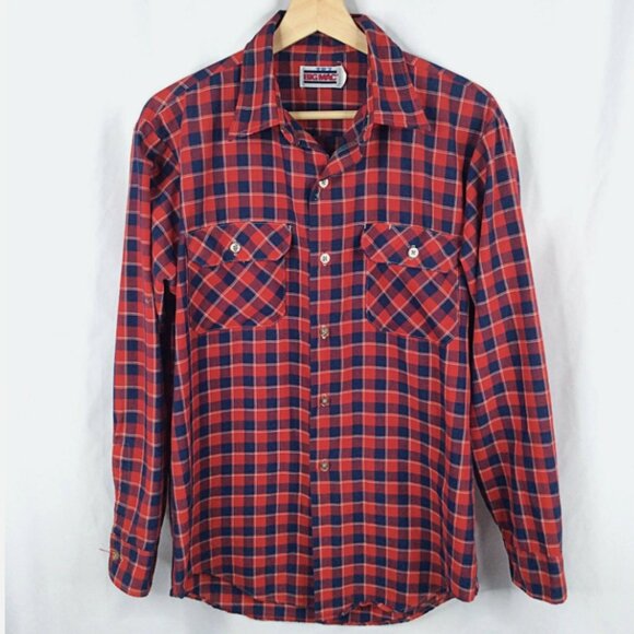Vintage 70s Big Mac JC Penney Western Plaid Shirt Mens Size Medium Red Blue - Picture 1 of 6